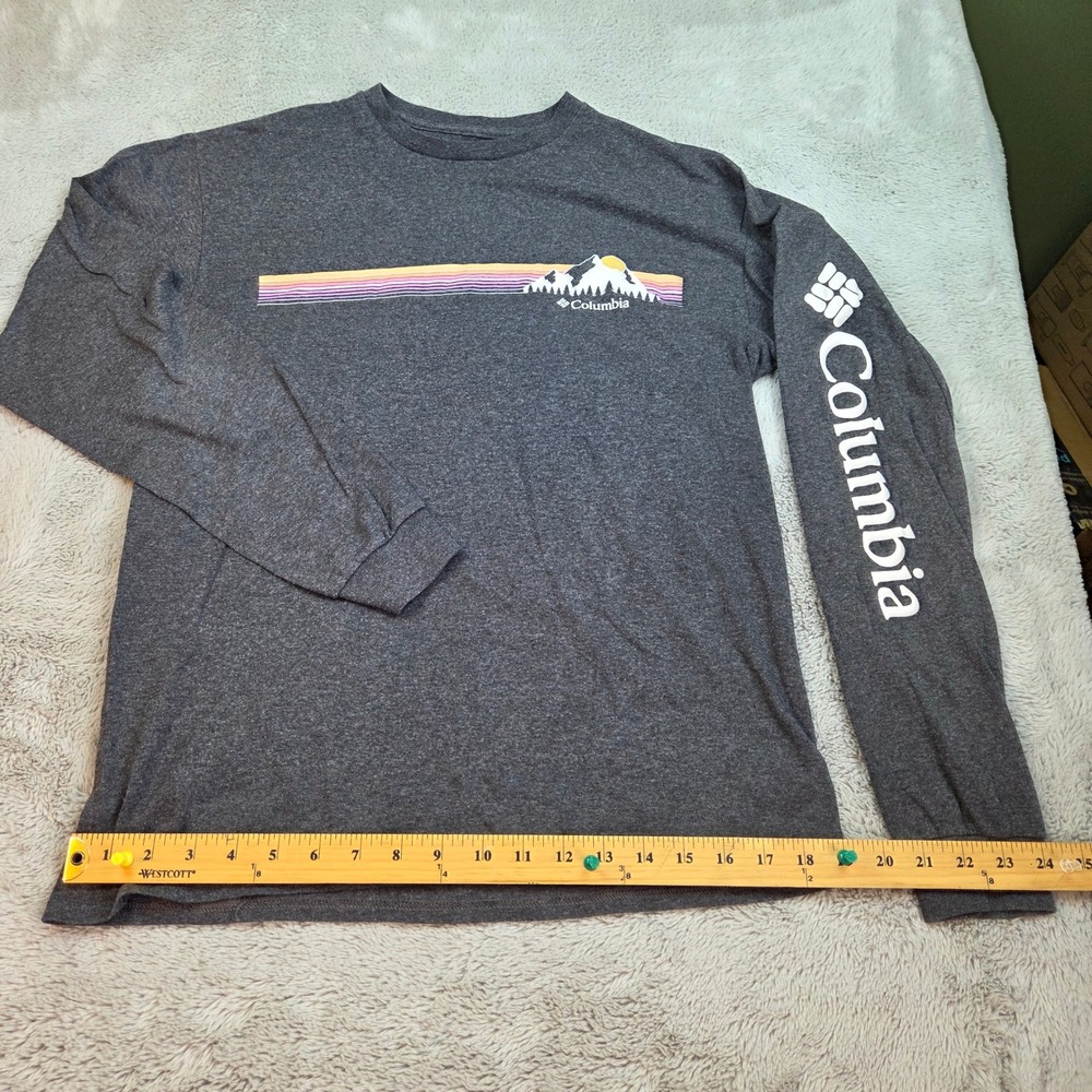Columbia Long Sleeve Graphic T-Shirt Mens Med Mountain Sunset Logo Dark Charcoal